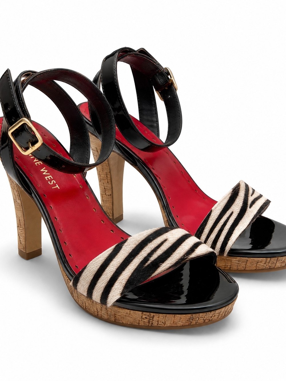 Nine West Black Patent & Zebra-Print Cork Platform Heels Sz 8.5